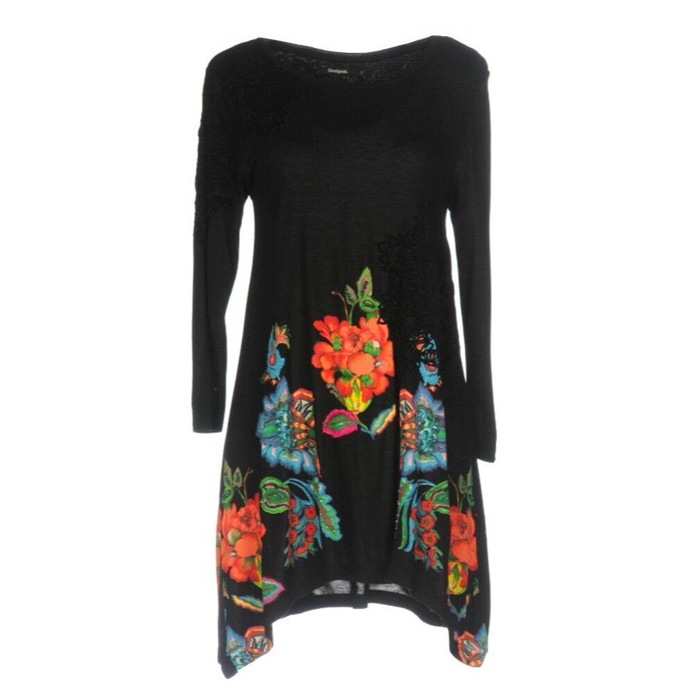 Desigual Black Floral Embroidered A Line Tunic Dress Asymmetrical Hem Sz L